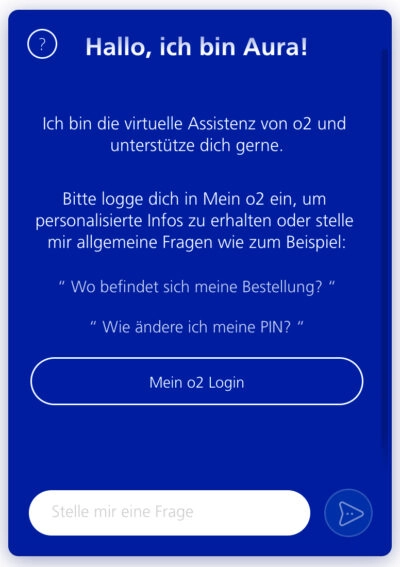 Zeigt Screen von O2 virtuellen Assistenten Aura